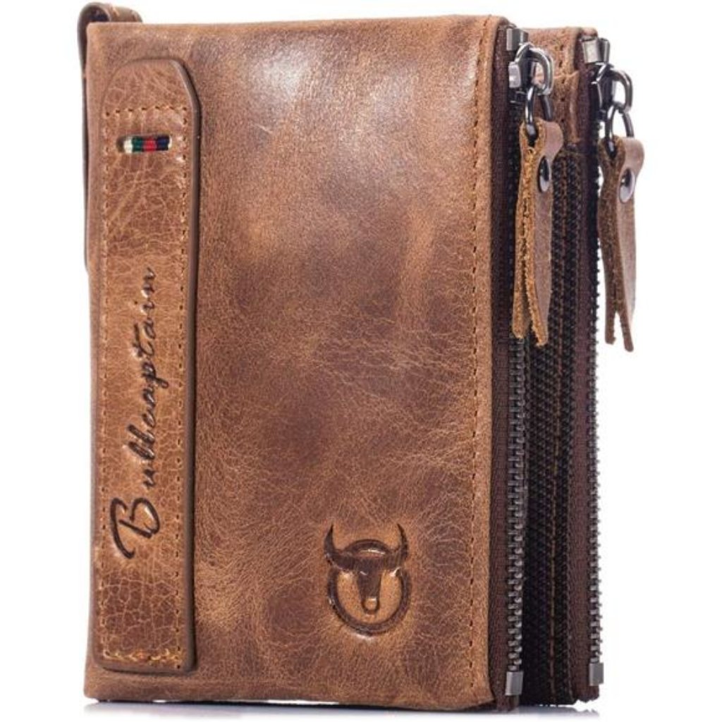 Genuine Leather Wallet For Men Vintage Bifold With Double Zipper Pockets (Brown)